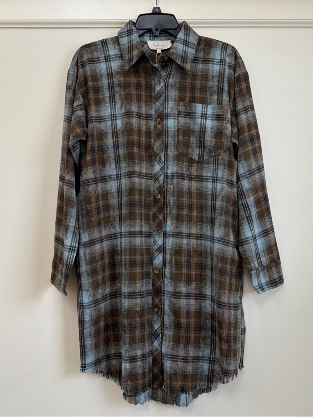 in february Mineral Wash Plaid Frayed Hem Shirt Dress Cotton Blend Size S NWT
